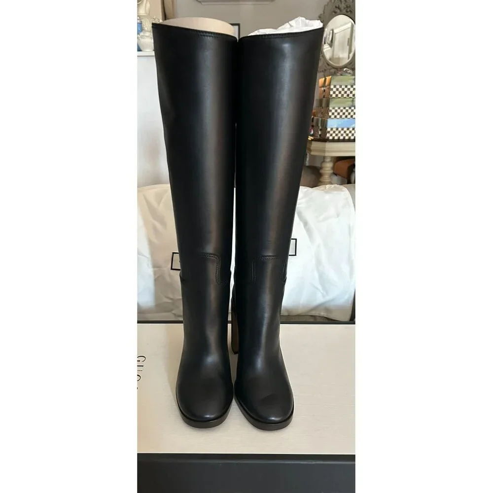 NIB $1800 Gucci Lifford Leather Gold Tone Striped Metallic Knee Boots Black Size